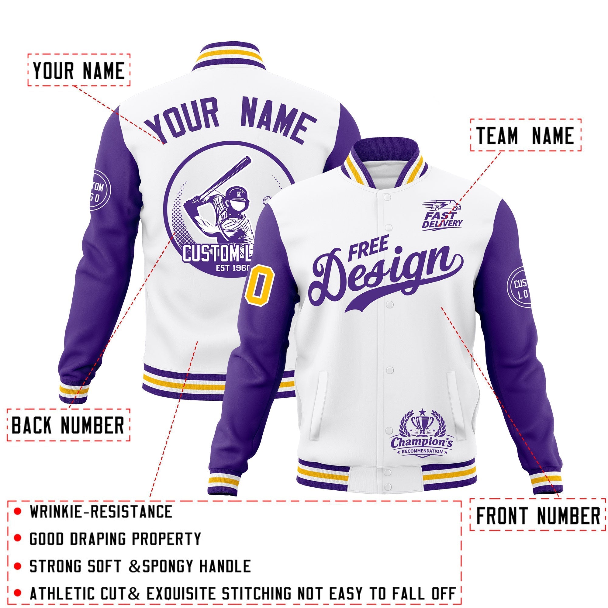 Custom White Purple Gold Classic Style Full-Snap Breathable Jacket| KXKSHOP
