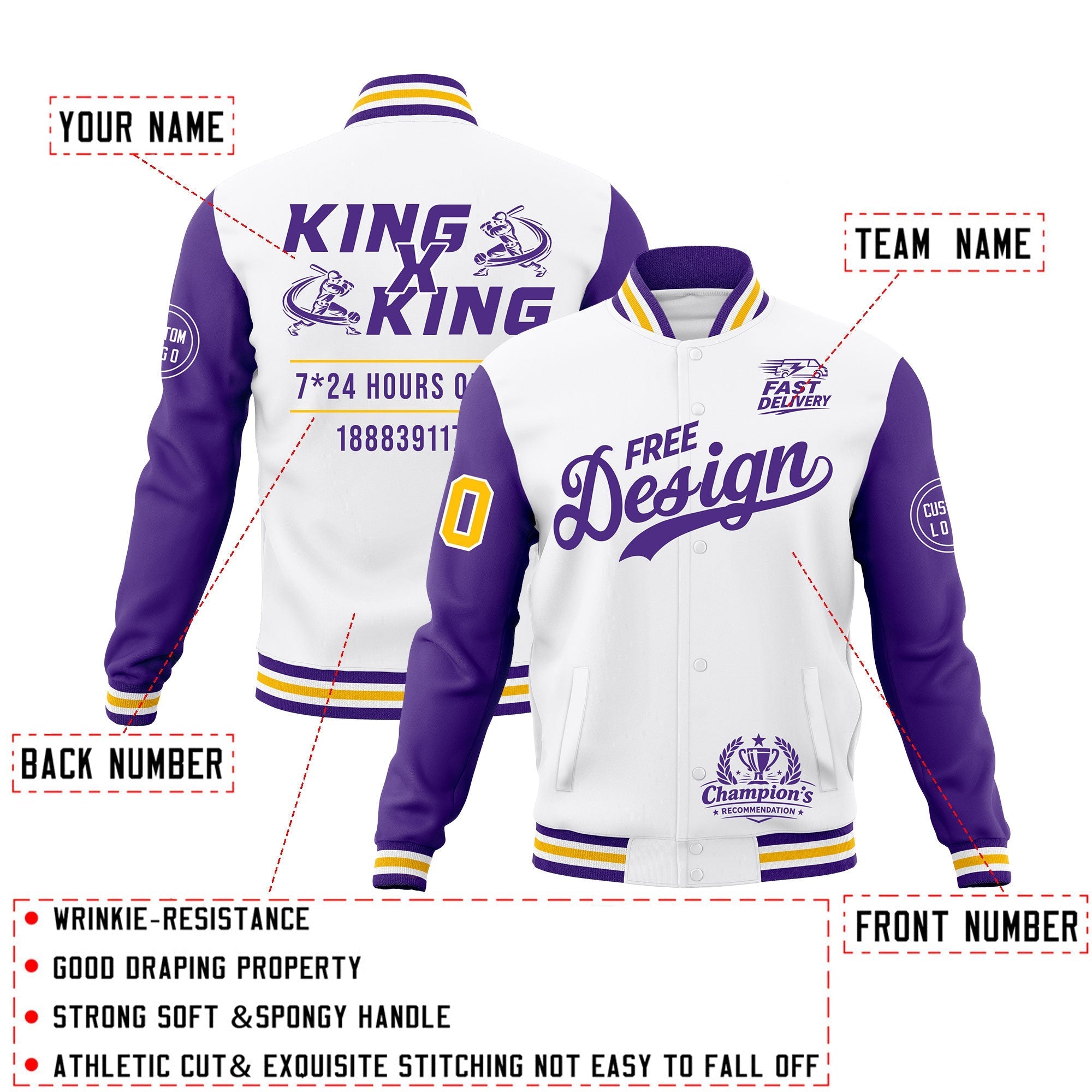 Custom White Purple Gold Classic Style Full-Snap Wrinkle-Resistant Jacket| KXKSHOP