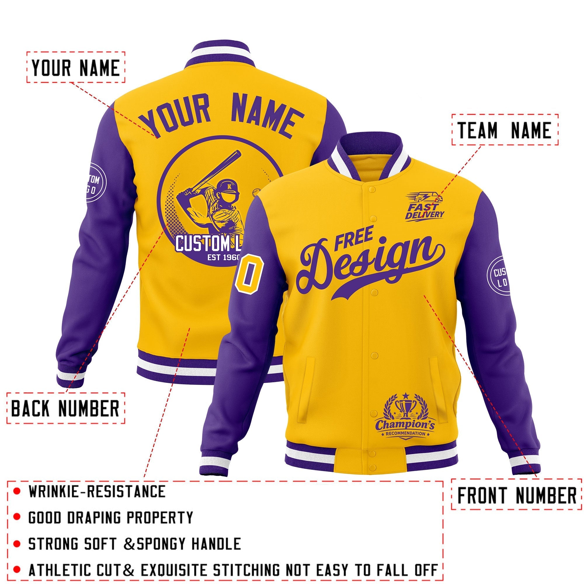 Custom Gold Purple White Classic Style Full-Snap Breathable Jacket| KXKSHOP