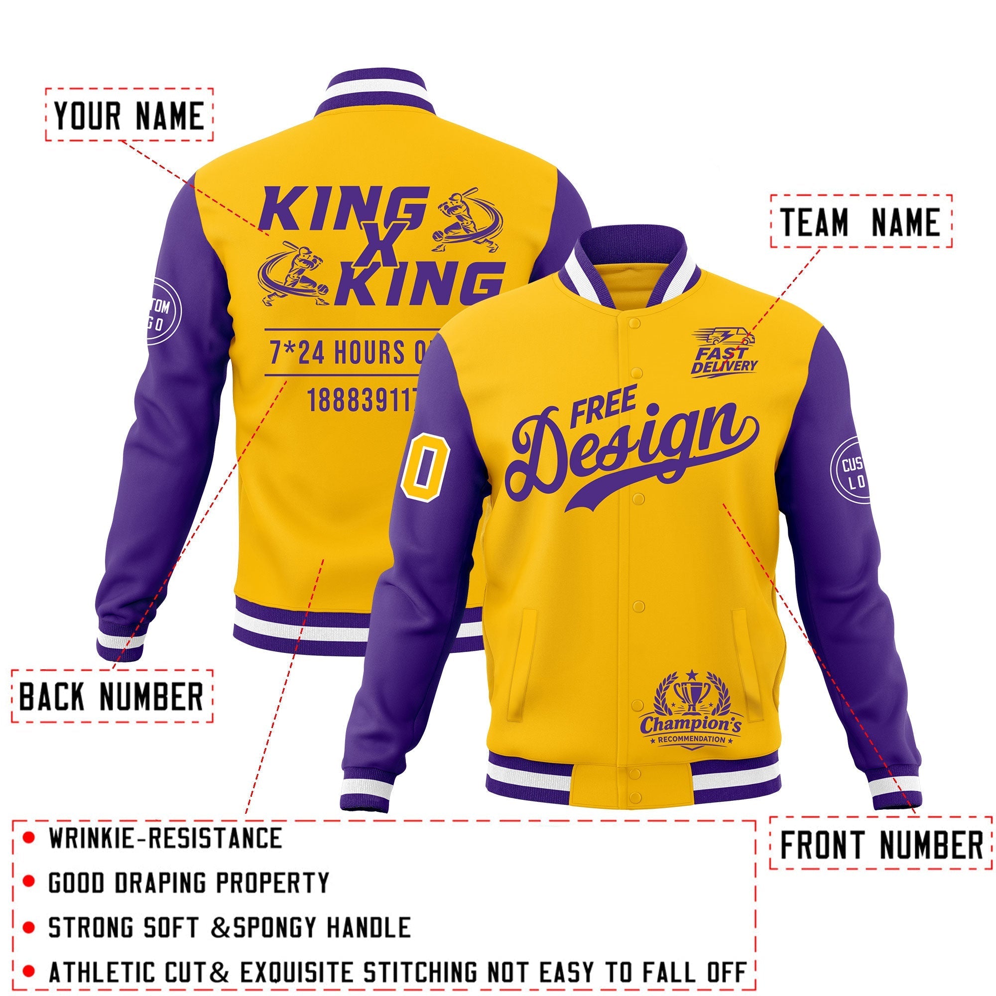 Custom Gold Purple White Classic Style Full-Snap Wrinkle-Resistant Jacket| KXKSHOP