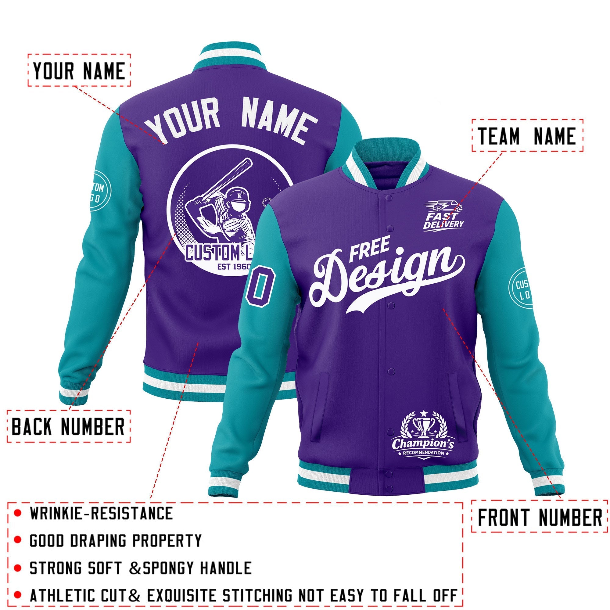 Custom Purple Teal White Classic Style Full-Snap Breathable Jacket| KXKSHOP