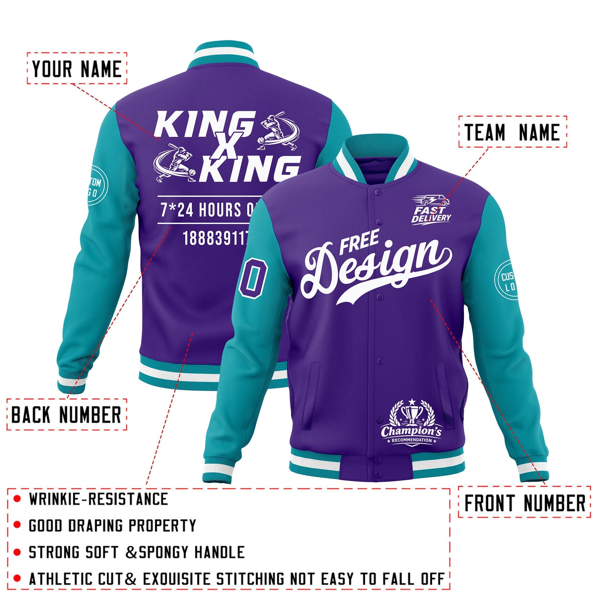 Custom Purple Teal White Classic Style Full-Snap Wrinkle-Resistant Jacket| KXKSHOP