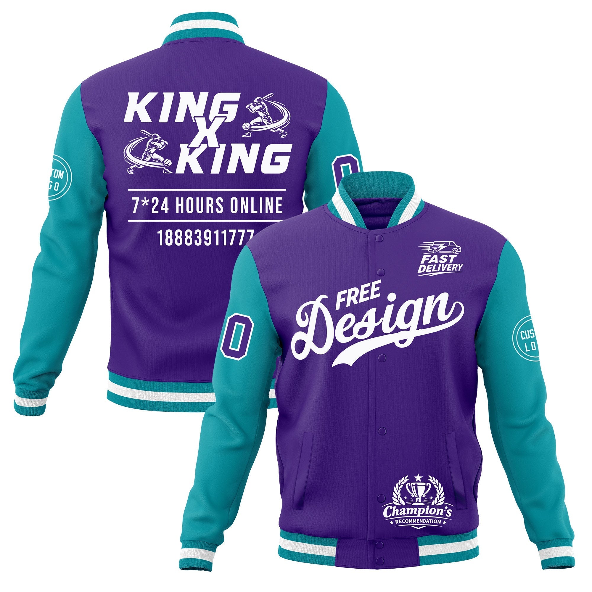 Custom Purple Teal White Classic Style Full-Snap Wrinkle-Resistant Jacket| KXKSHOP