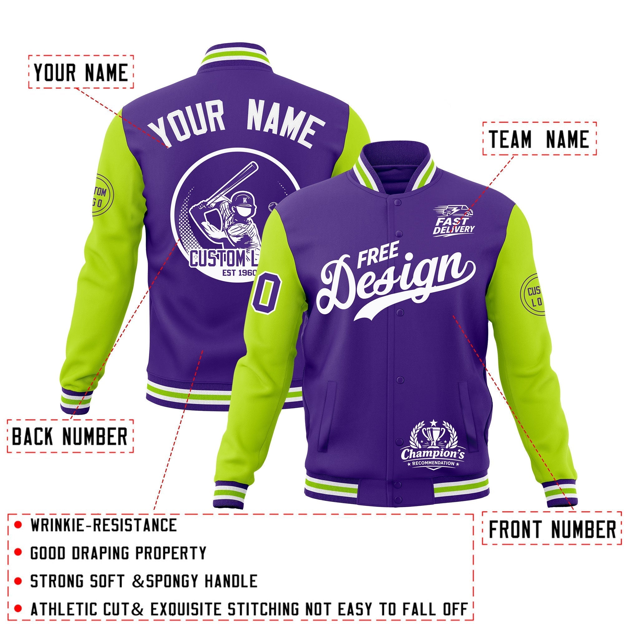 Custom Purple White Neon Green Classic Style Full-Snap Breathable Jacket| KXKSHOP
