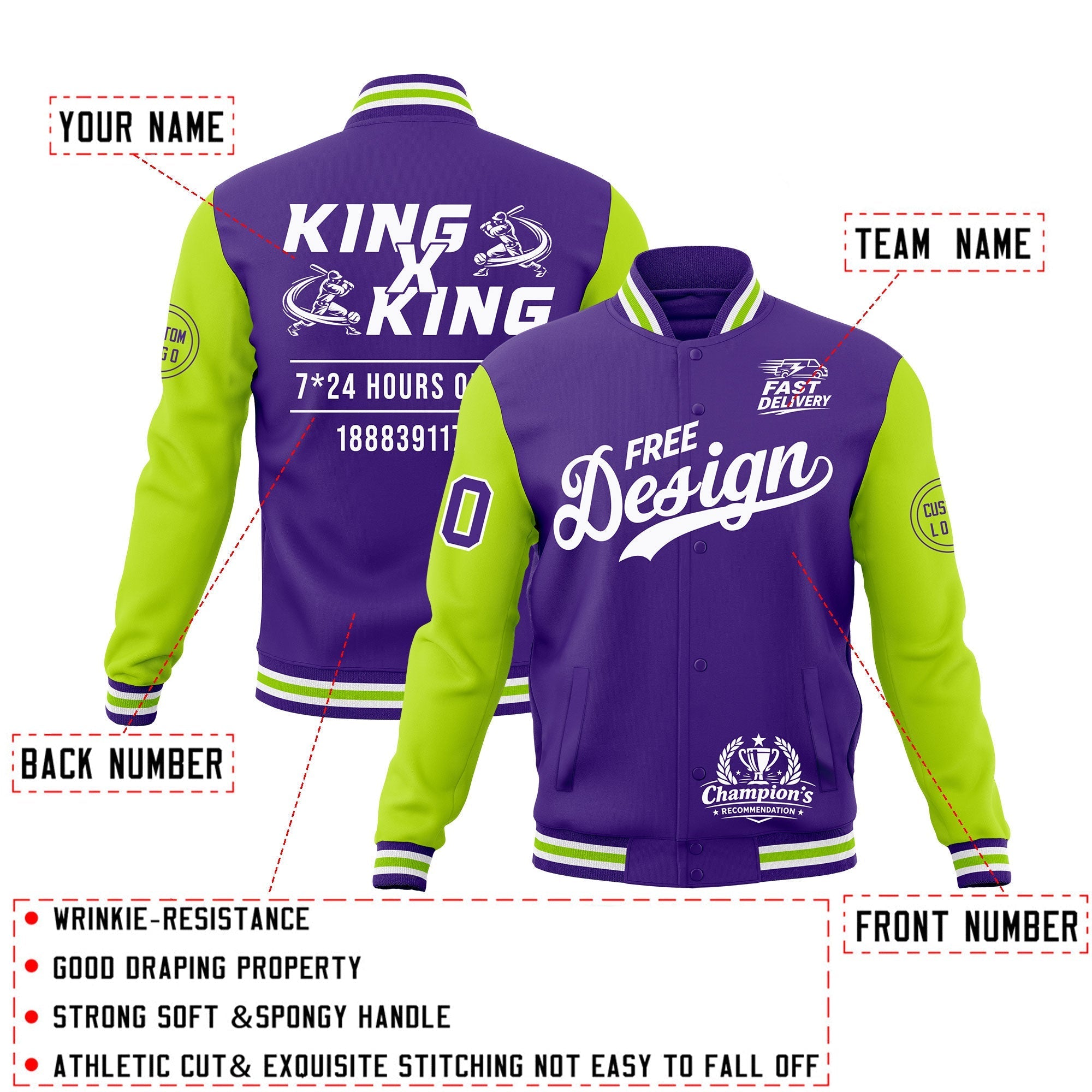 Custom Purple White Neon Green Classic Style Full-Snap Wrinkle-Resistant Jacket| KXKSHOP