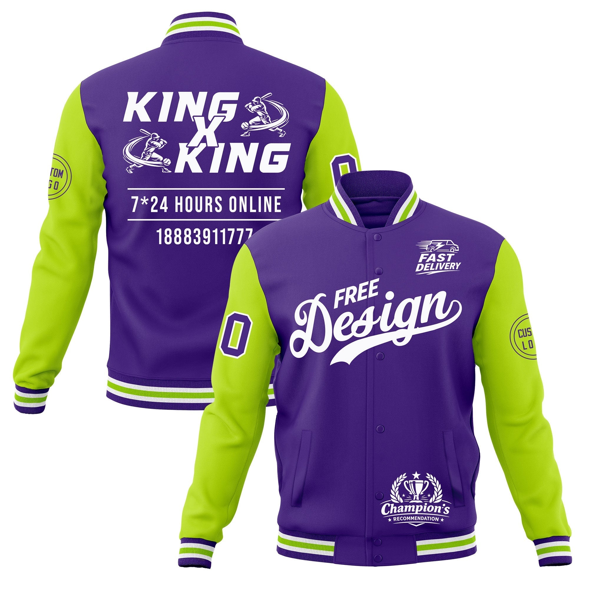 Custom Purple White Neon Green Classic Style Full-Snap Wrinkle-Resistant Jacket| KXKSHOP