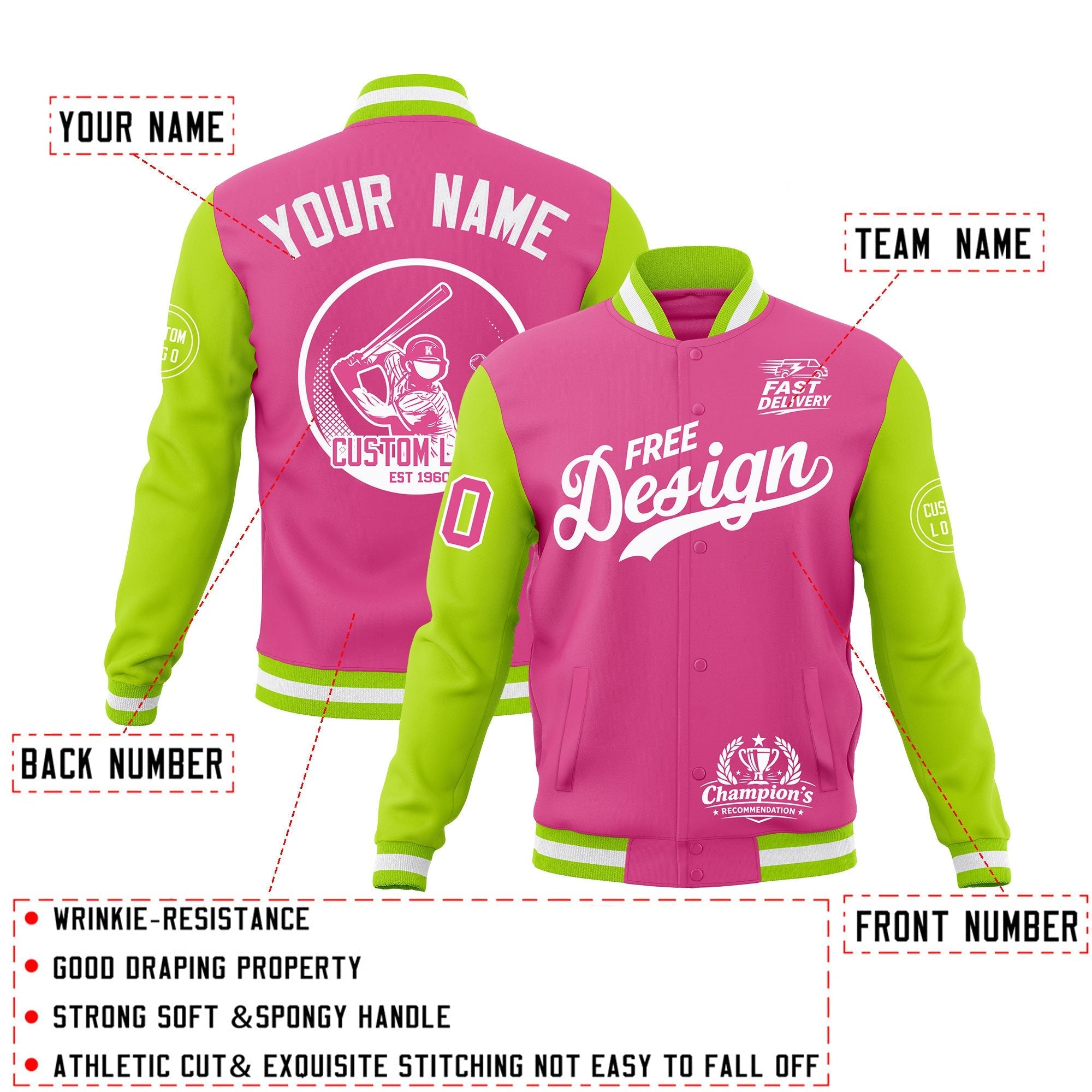 Custom Pink Neon Green White Classic Style Full-Snap Breathable Jacket| KXKSHOP