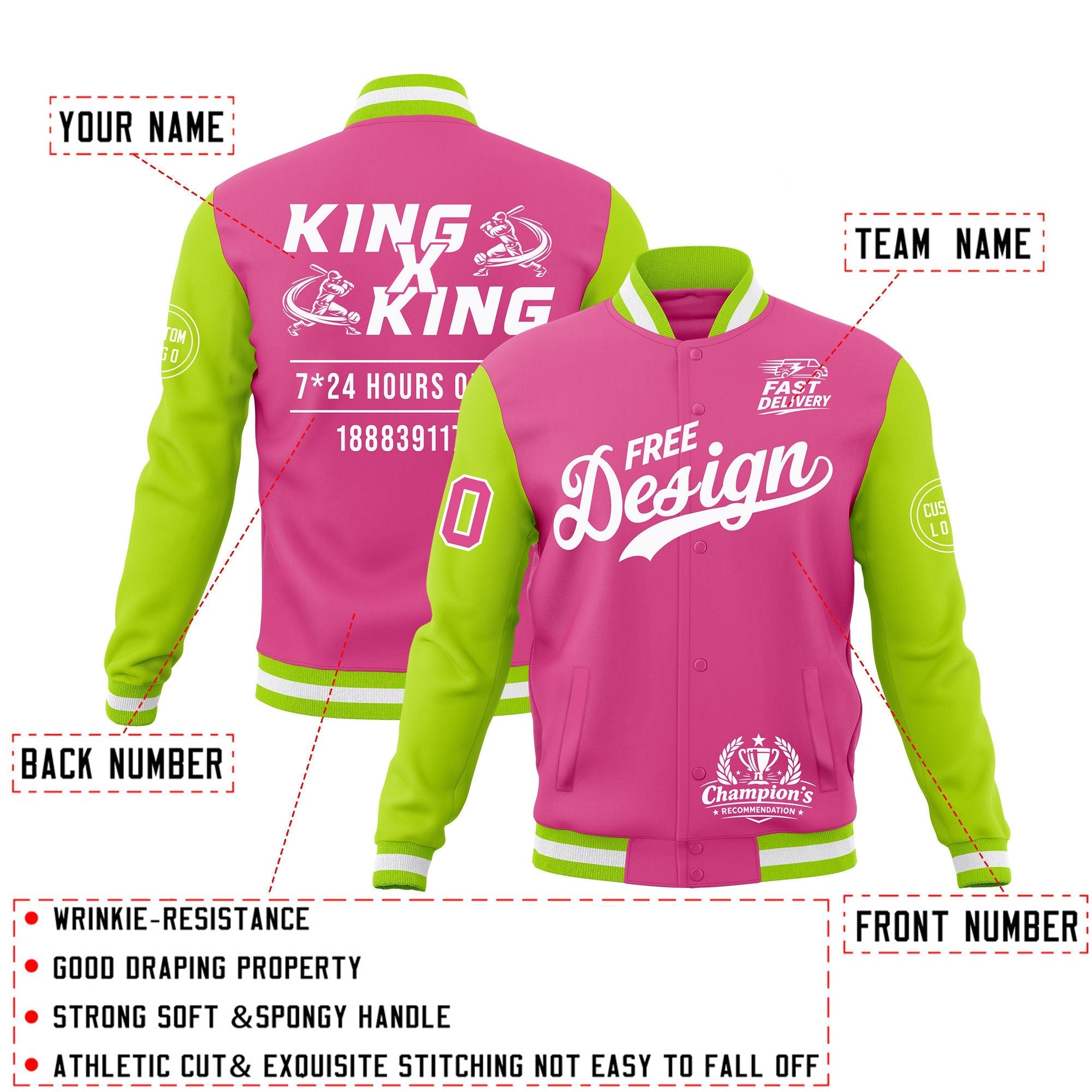 Custom Pink Neon Green White Classic Style Full-Snap Wrinkle-Resistant Jacket| KXKSHOP