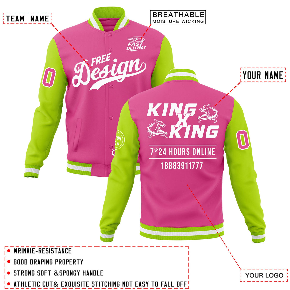 Custom Pink Neon Green White Classic Style Full-Snap Wrinkle-Resistant Jacket| KXKSHOP