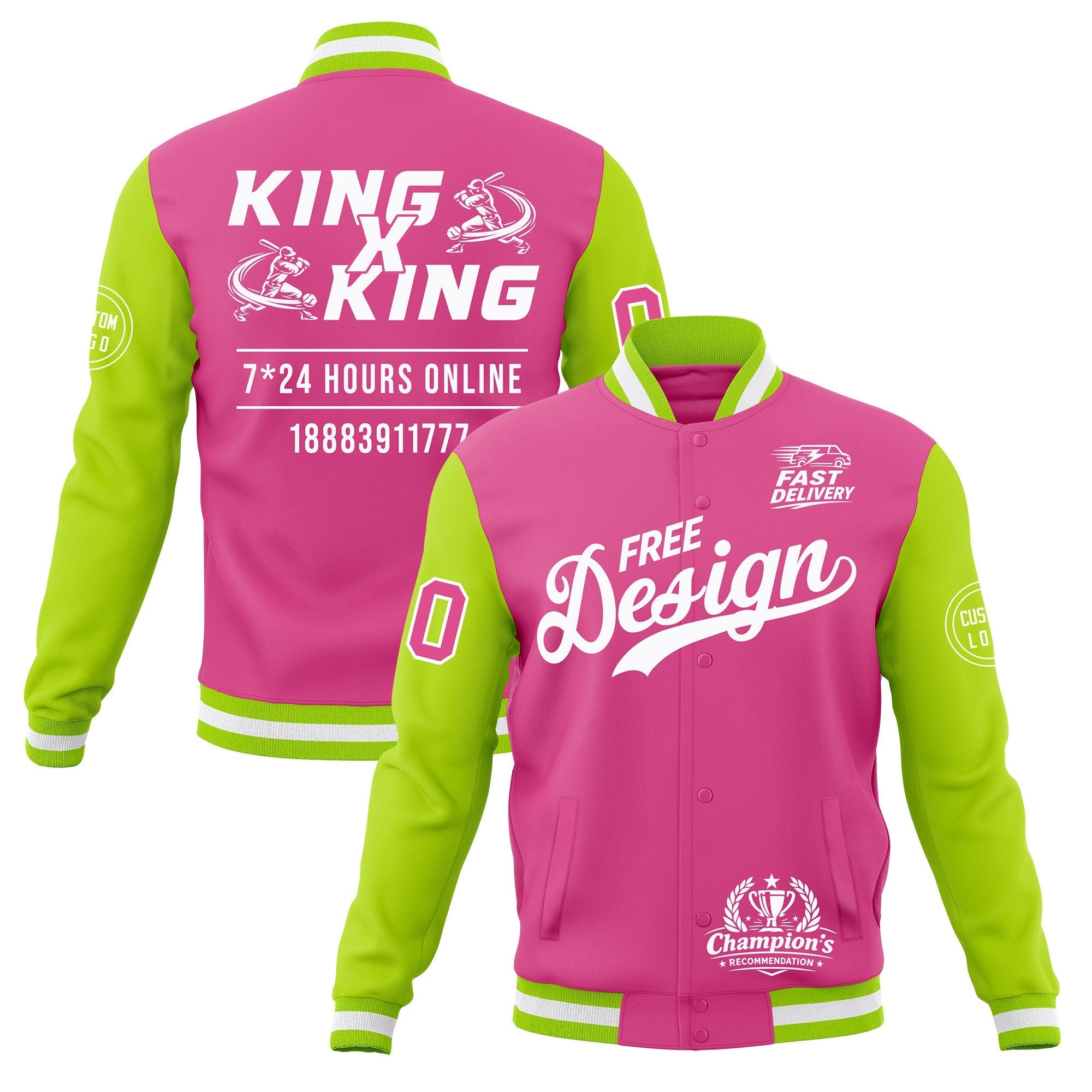 Custom Pink Neon Green White Classic Style Full-Snap Wrinkle-Resistant Jacket| KXKSHOP