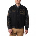 Powermind Faux Leather Sleeve Varsity Jacket - All-Black and Khaki Gold Letterman Jacket