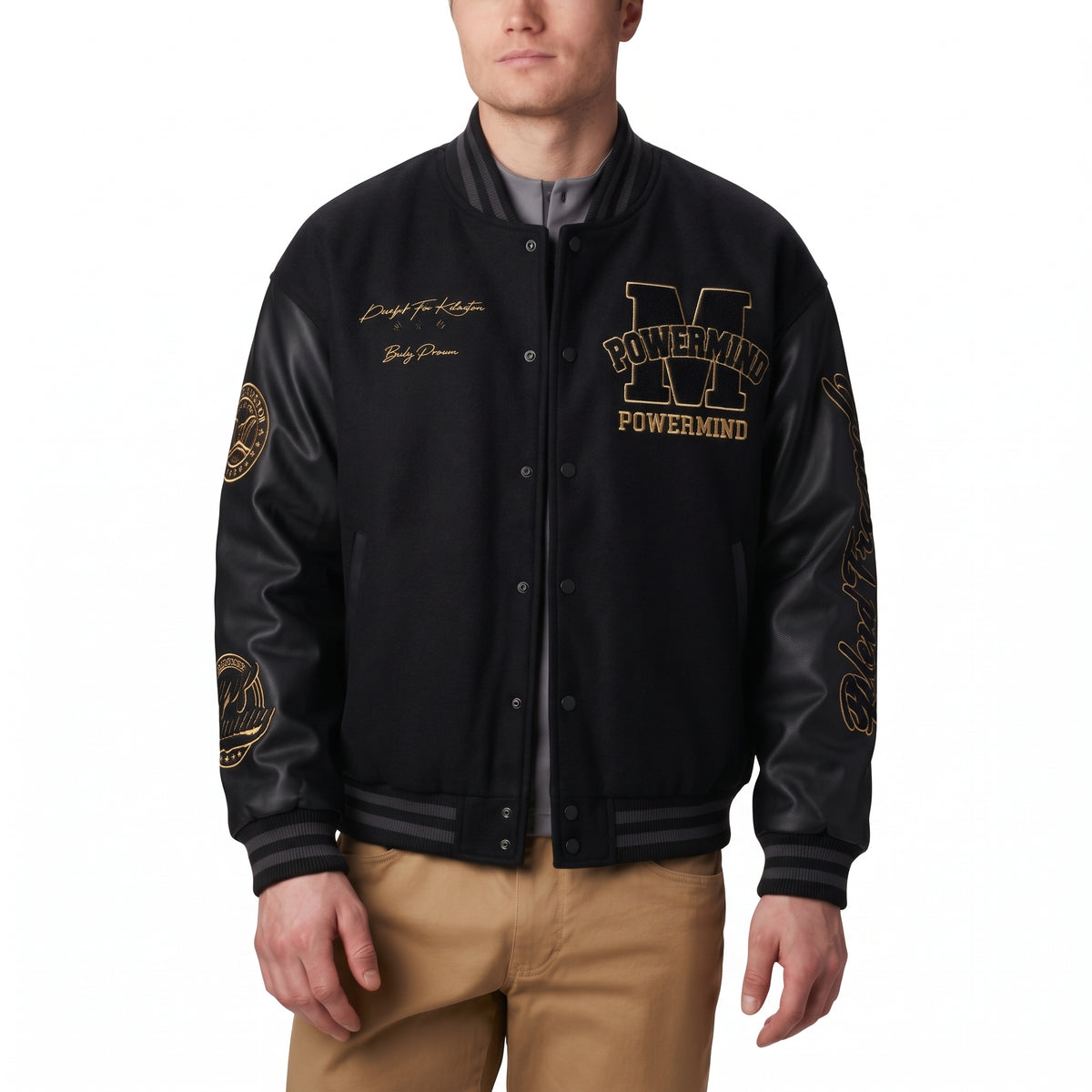 Powermind Faux Leather Sleeve Varsity Jacket - All-Black and Khaki Gold Letterman Jacket