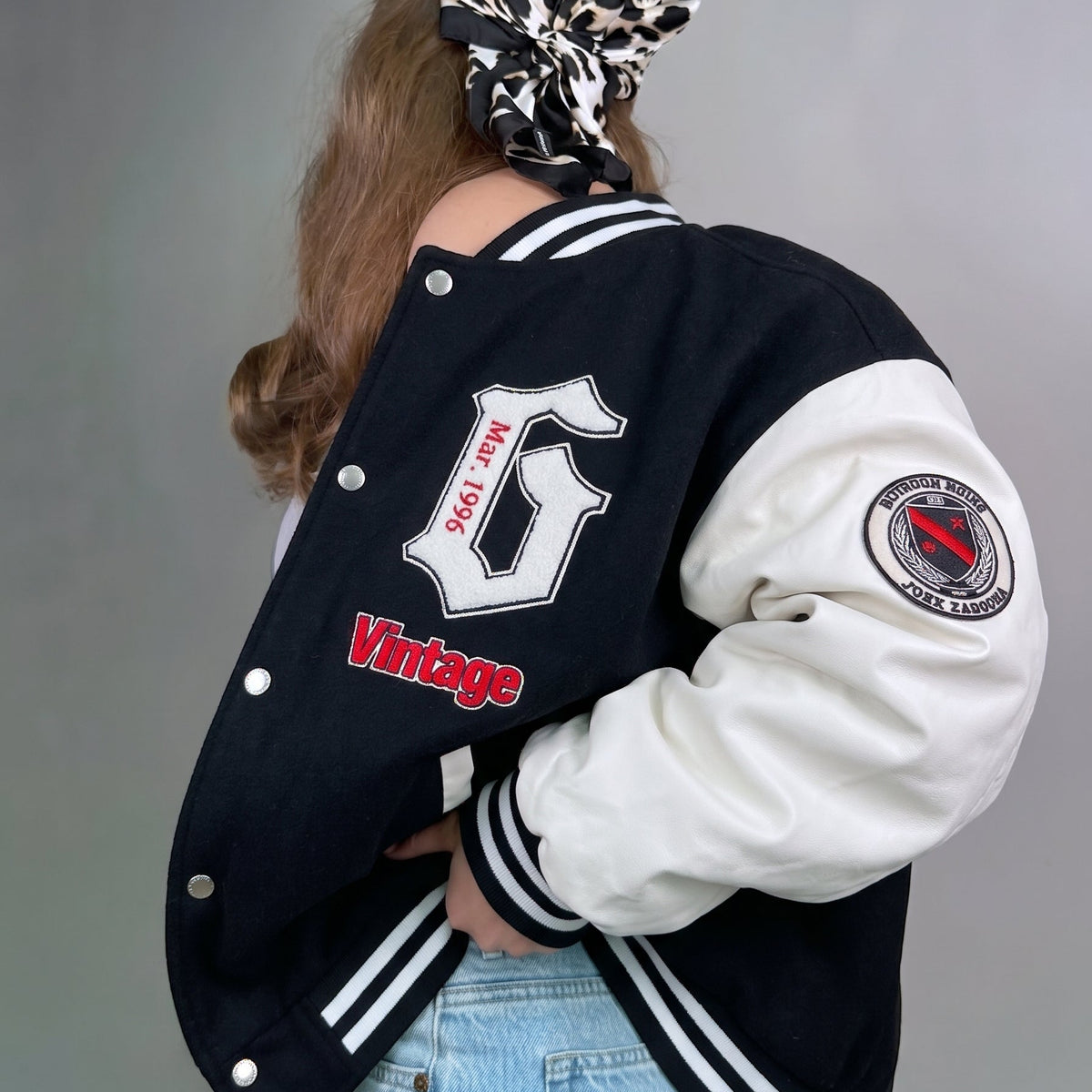 Vintage 1996 Faux Leather Sleeve Varsity Jacket - Black and White Letterman Jacket