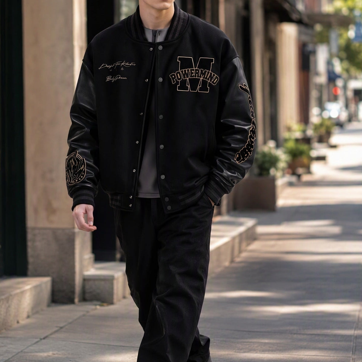 Powermind Faux Leather Sleeve Varsity Jacket - All-Black and Khaki Gold Letterman Jacket