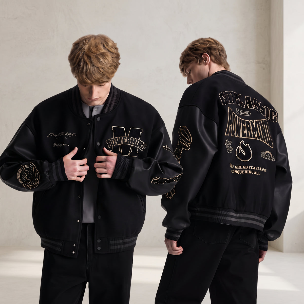Powermind Faux Leather Sleeve Varsity Jacket - All-Black and Khaki Gold Letterman Jacket