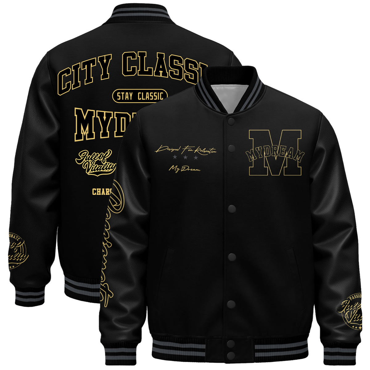Powermind Faux Leather Sleeve Varsity Jacket - All-Black and Khaki Gold Letterman Jacket