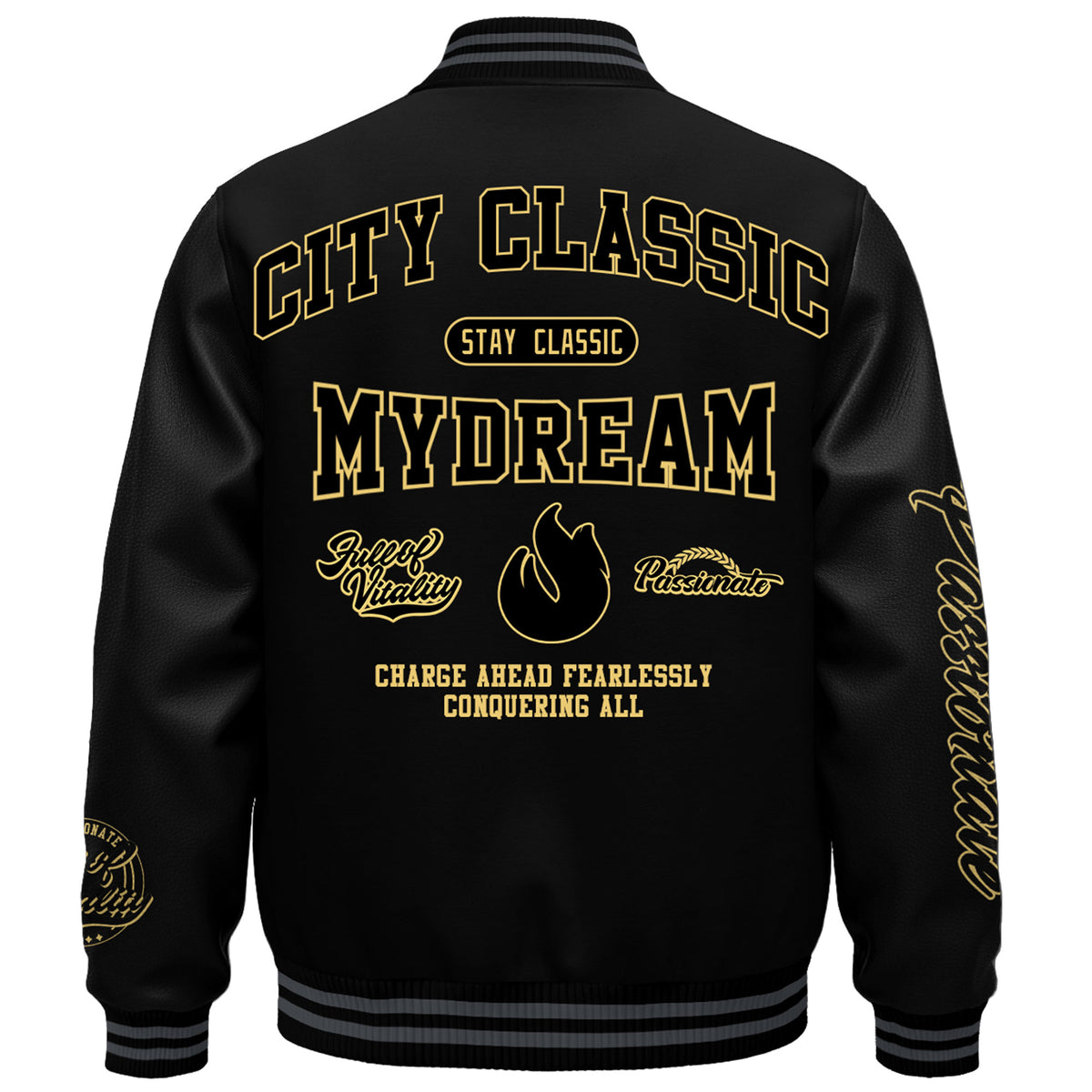 Powermind Faux Leather Sleeve Varsity Jacket - All-Black and Khaki Gold Letterman Jacket