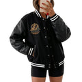 Astrea Myth and Heritage Faux Leather Sleeve Varsity Jacket - Black and Gold Embroidered Letterman Jacket