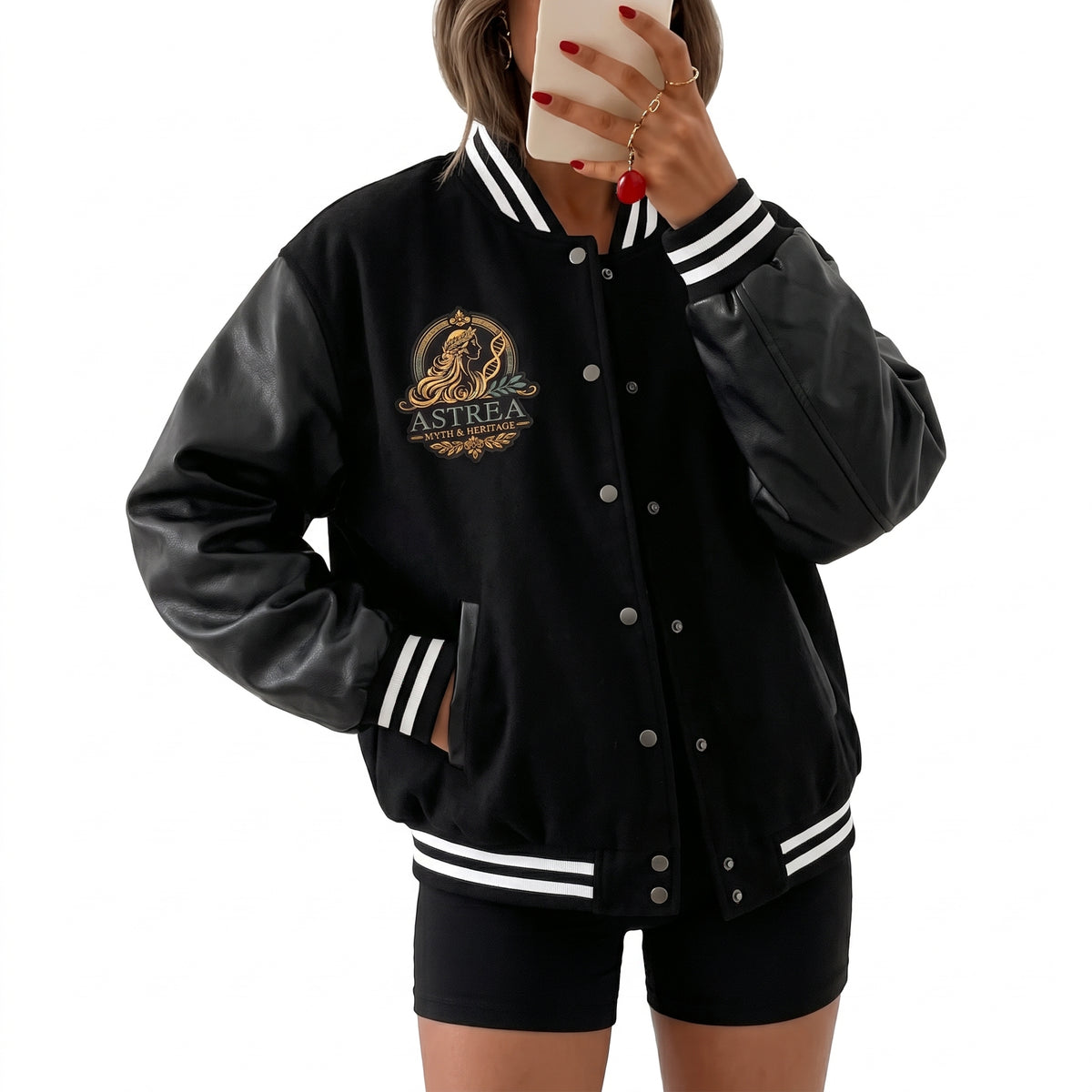 Astrea Myth and Heritage Faux Leather Sleeve Varsity Jacket - Black and Gold Embroidered Letterman Jacket