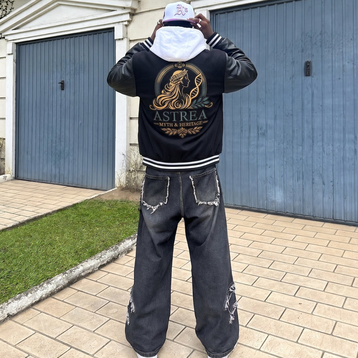 Astrea Myth and Heritage Faux Leather Sleeve Varsity Jacket - Black and Gold Embroidered Letterman Jacket