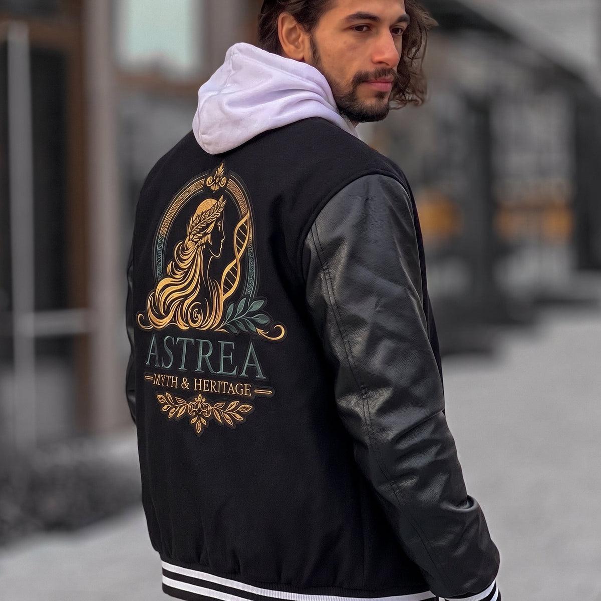 Astrea Myth and Heritage Faux Leather Sleeve Varsity Jacket - Black and Gold Embroidered Letterman Jacket