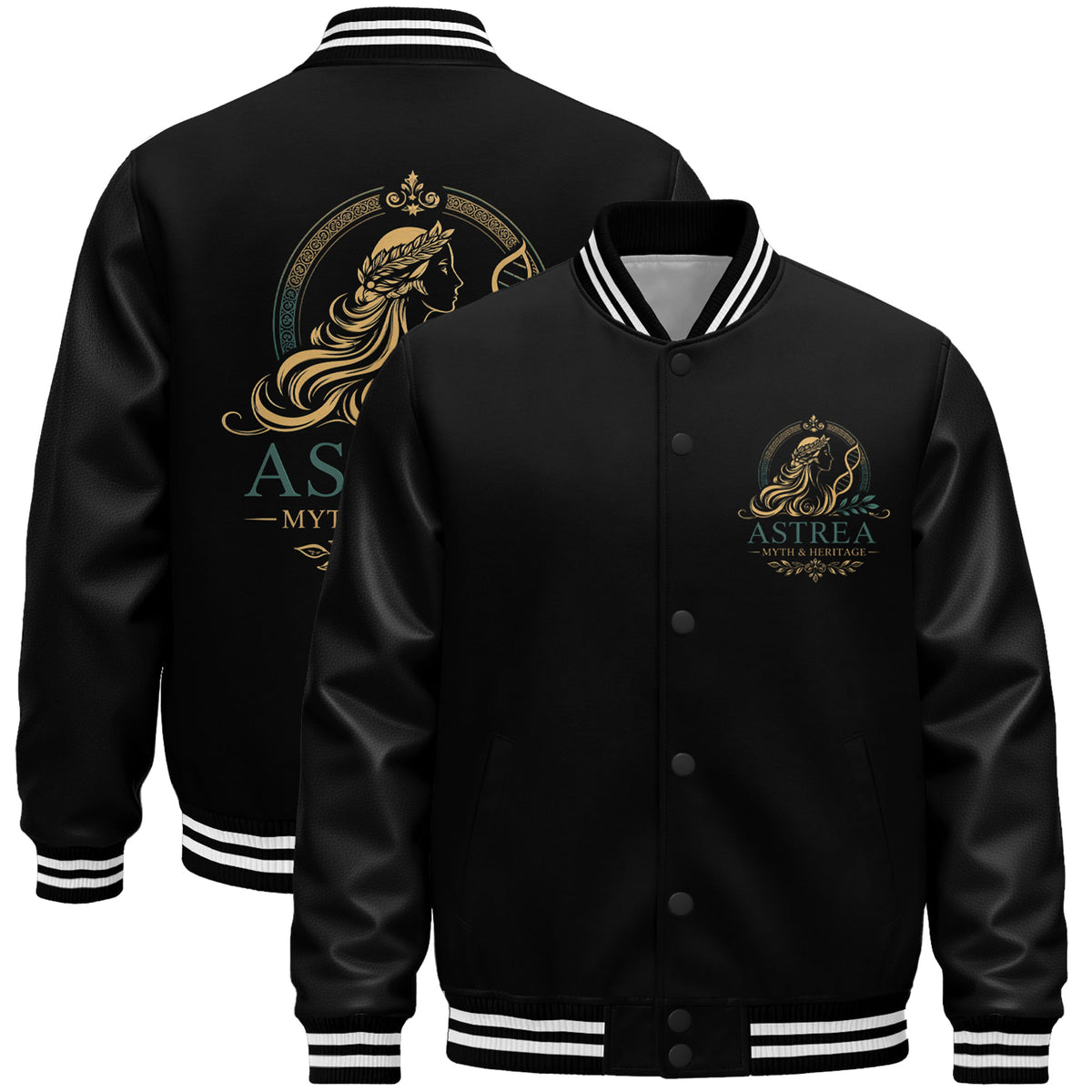 Astrea Myth and Heritage Faux Leather Sleeve Varsity Jacket - Black and Gold Embroidered Letterman Jacket