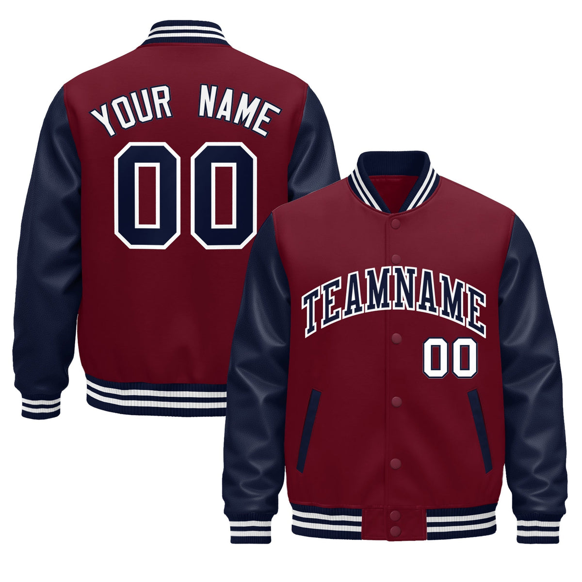 Custom Crimson Navy White Raglan Sleeves Varsity Full-Snap Leather Sleeves Letterman Jacket| KXKSHOP