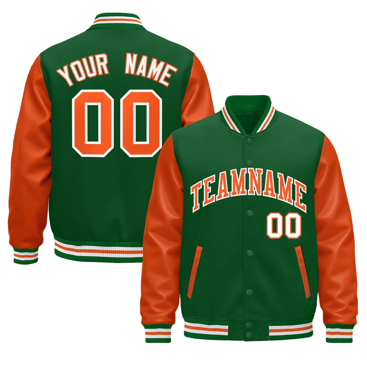 Custom Kelly Green White Orange Raglan Sleeves Varsity Full-Snap Leather Sleeves Letterman Jacket| KXKSHOP