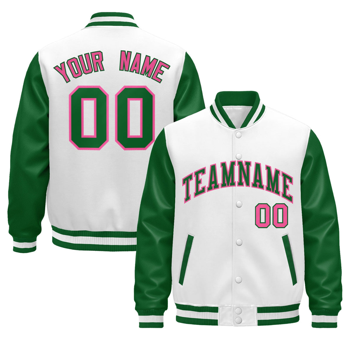 Custom Kelly Green White Rose Red Raglan Sleeves Varsity Full-Snap Leather Sleeves Letterman Jacket| KXKSHOP