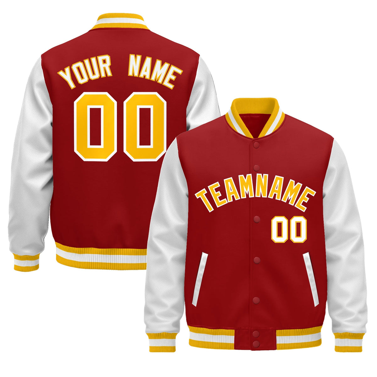Custom Red White Gold Raglan Sleeves Varsity Full-Snap Leather Sleeves Letterman Jacket| KXKSHOP