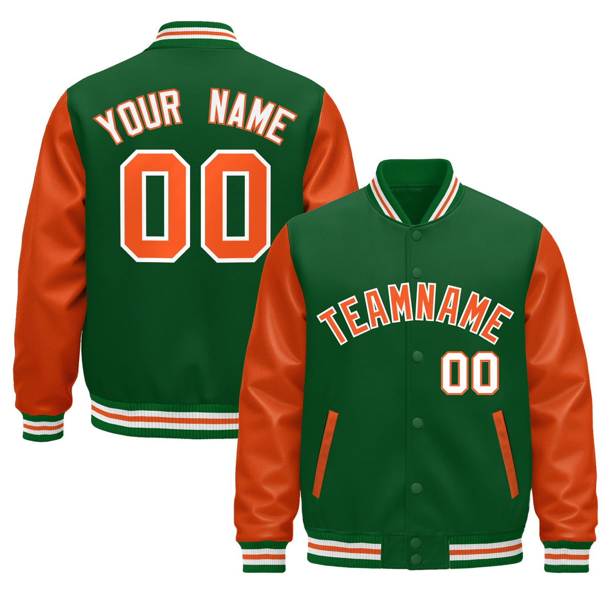 Custom Kelly Green White Orange Raglan Sleeves Varsity Full-Snap Leather Sleeves Letterman Jacket| KXKSHOP