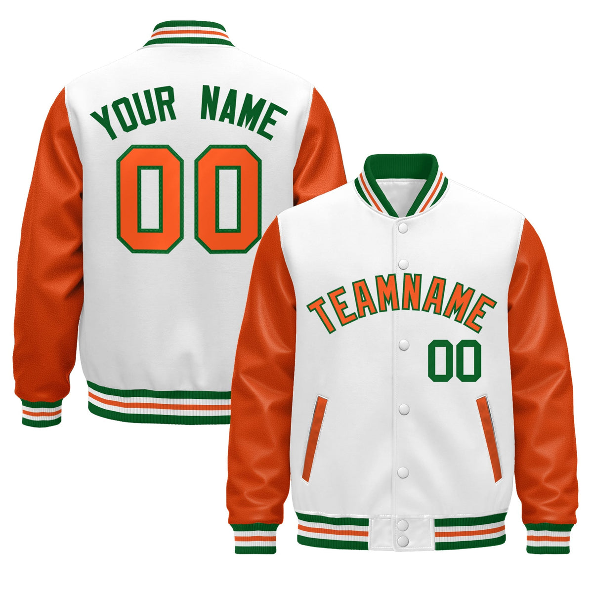 Custom White Orange Kelly Green Raglan Sleeves Varsity Full-Snap Leather Sleeves Letterman Jacket| KXKSHOP