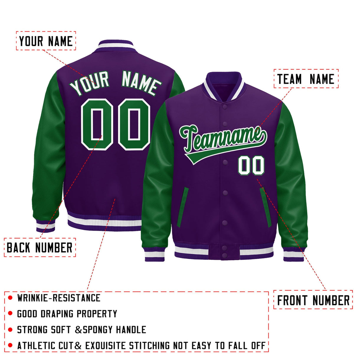 Custom Purple Kelly Green White Raglan Sleeves Varsity Full-Snap Leather Sleeves Letterman Jacket| KXKSHOP