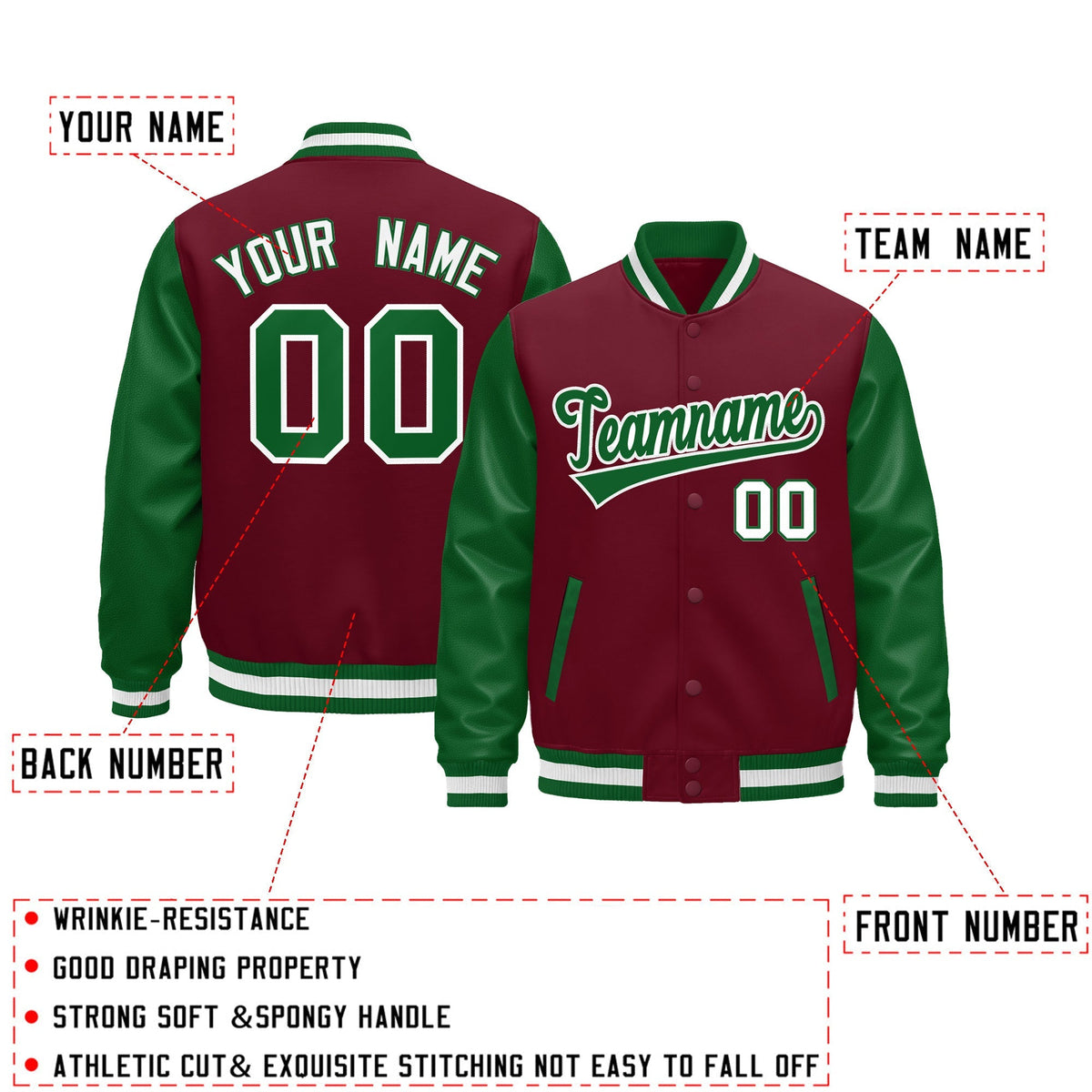 Custom Crimson Kelly Green White Raglan Sleeves Varsity Full-Snap Leather Sleeves Letterman Jacket| KXKSHOP