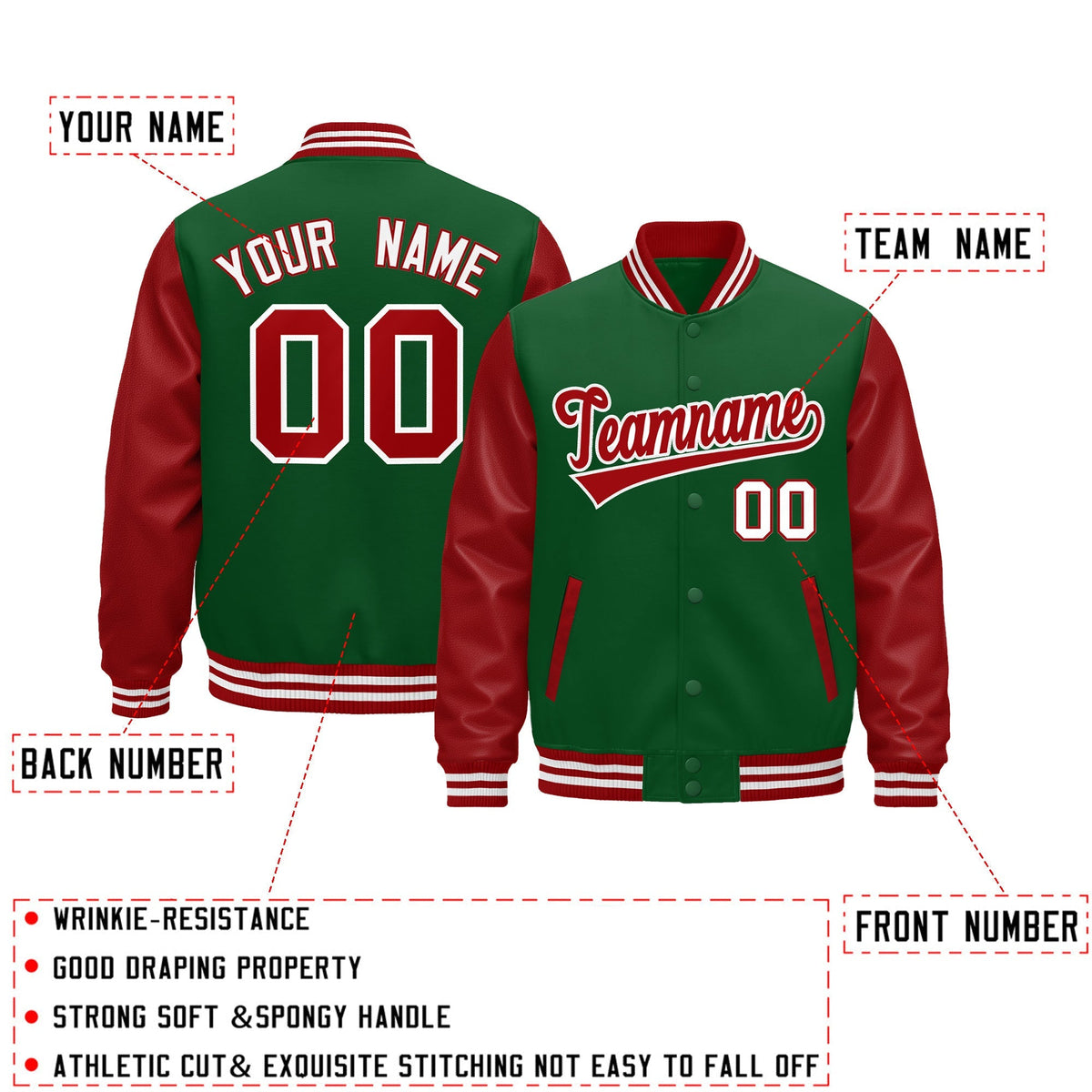 Custom Kelly Green Red White Raglan Sleeves Varsity Full-Snap Leather Sleeves Letterman Jacket| KXKSHOP