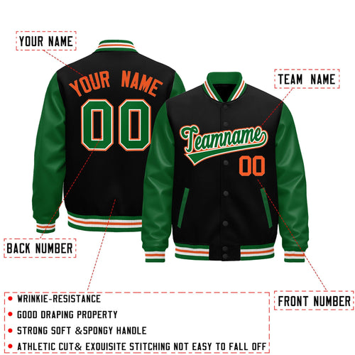 Custom Black Kelly Green White Orange Raglan Sleeves Varsity Full-Snap Leather Sleeves Letterman Jacket| KXKSHOP
