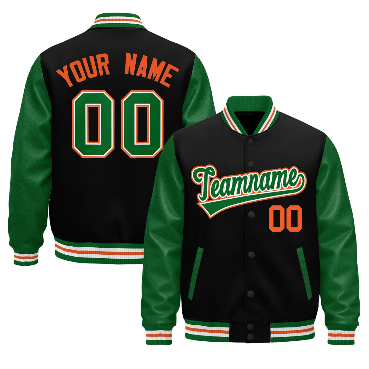 Custom Black Kelly Green White Orange Raglan Sleeves Varsity Full-Snap Leather Sleeves Letterman Jacket| KXKSHOP