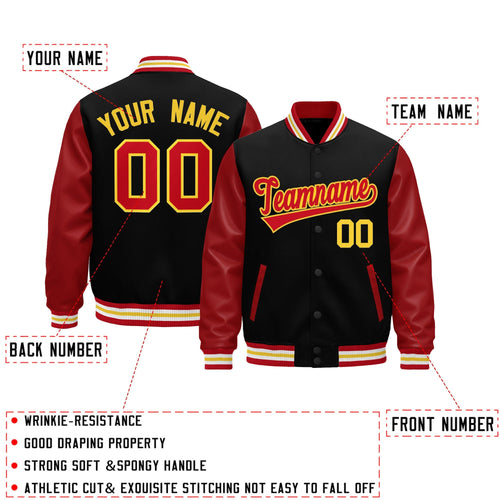 Custom Black Red White Gold Raglan Sleeves Varsity Full-Snap Leather Sleeves Letterman Jacket| KXKSHOP