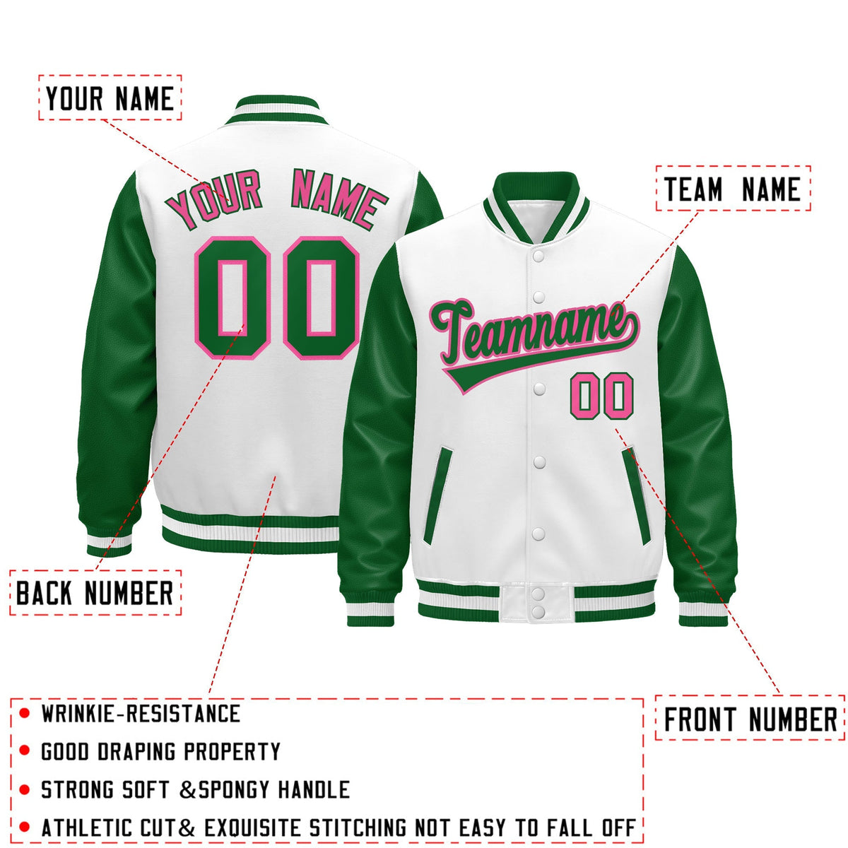 Custom Kelly Green White Rose Red Raglan Sleeves Varsity Full-Snap Leather Sleeves Letterman Jacket| KXKSHOP
