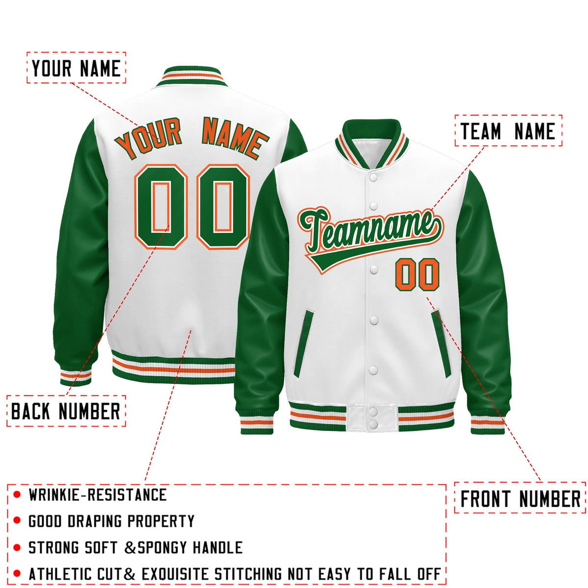 Custom White Kelly Green Orange Raglan Sleeves Varsity Full-Snap Leather Sleeves Letterman Jacket| KXKSHOP