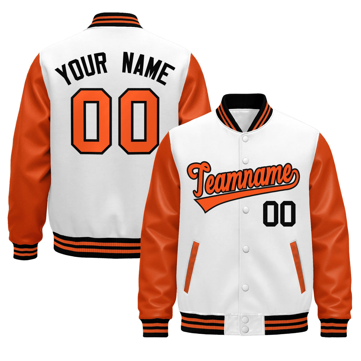 Custom Orange White Black Raglan Sleeves Varsity Full-Snap Leather Sleeves Letterman Jacket| KXKSHOP