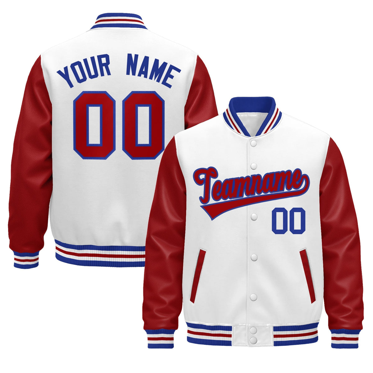 Custom White Red Royal Blue Raglan Sleeves Varsity Full-Snap Leather Sleeves Letterman Jacket| KXKSHOP