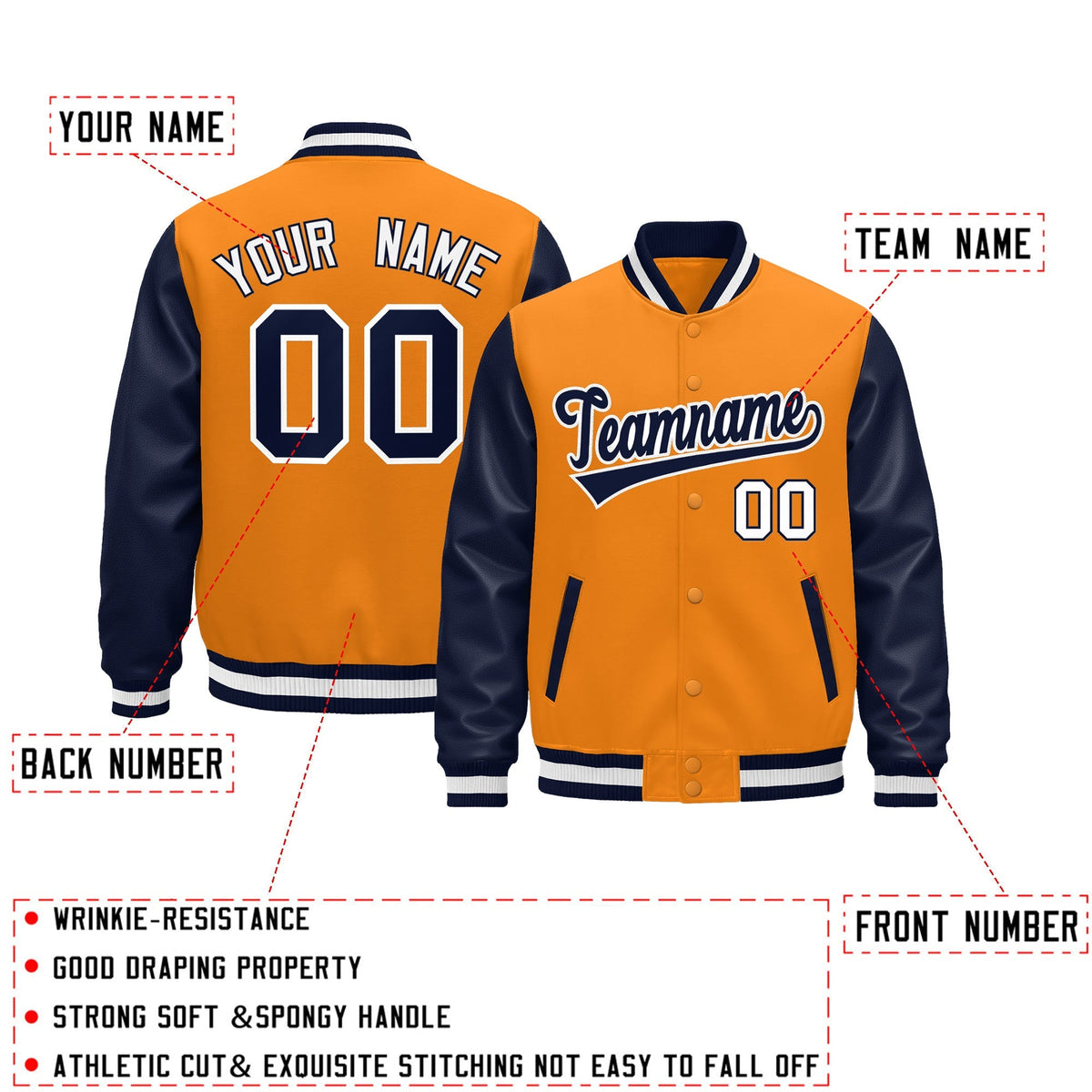 Custom Navy Orange White Raglan Sleeves Varsity Full-Snap Leather Sleeves Letterman Jacket| KXKSHOP