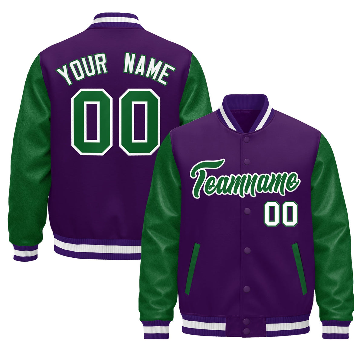 Custom Purple Kelly Green White Raglan Sleeves Varsity Full-Snap Leather Sleeves Letterman Jacket| KXKSHOP