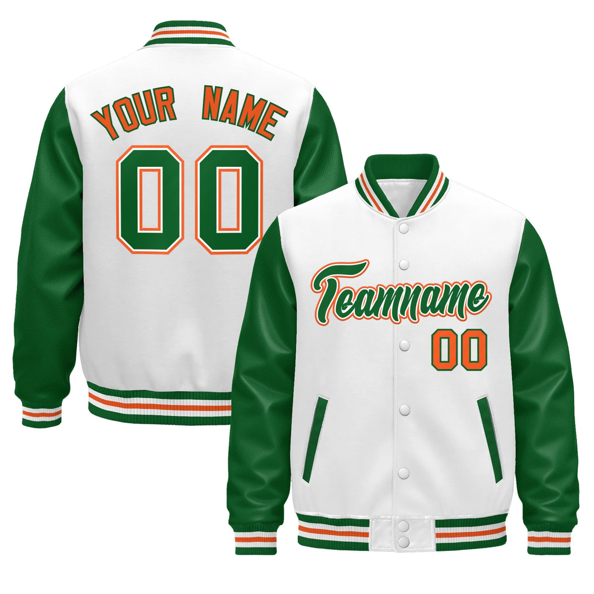 Custom White Kelly Green Orange Raglan Sleeves Varsity Full-Snap Leather Sleeves Letterman Jacket| KXKSHOP