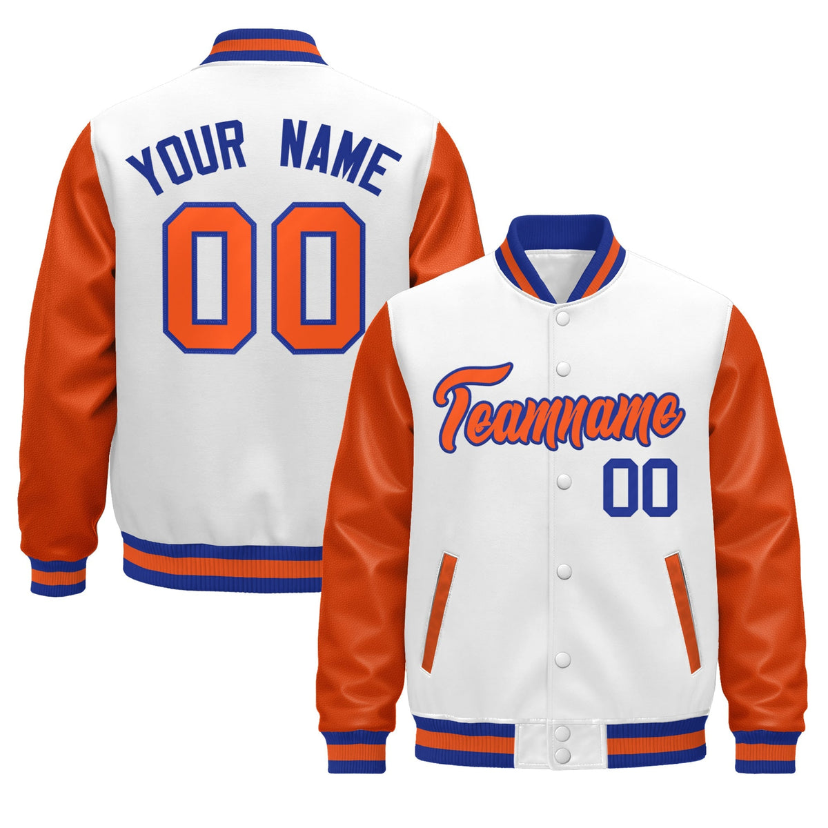 Custom Orange White Royal Blue Raglan Sleeves Varsity Full-Snap Leather Sleeves Letterman Jacket| KXKSHOP