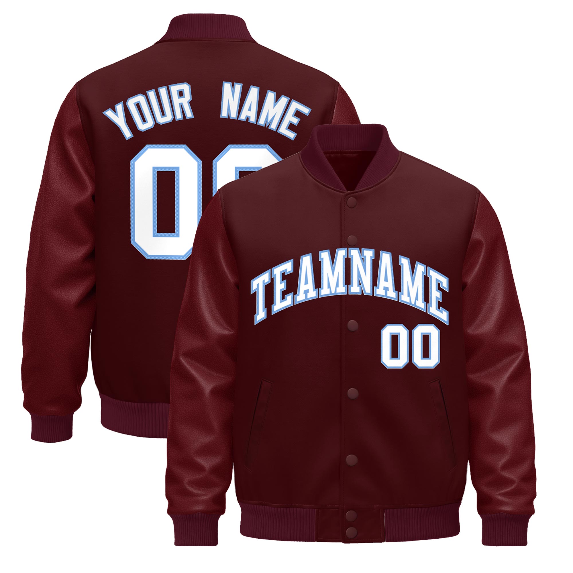 Custom Burgundy Light Blue Classic Style Leather Sleeves Wrinkle-Resistant Jacket| KXKSHOP
