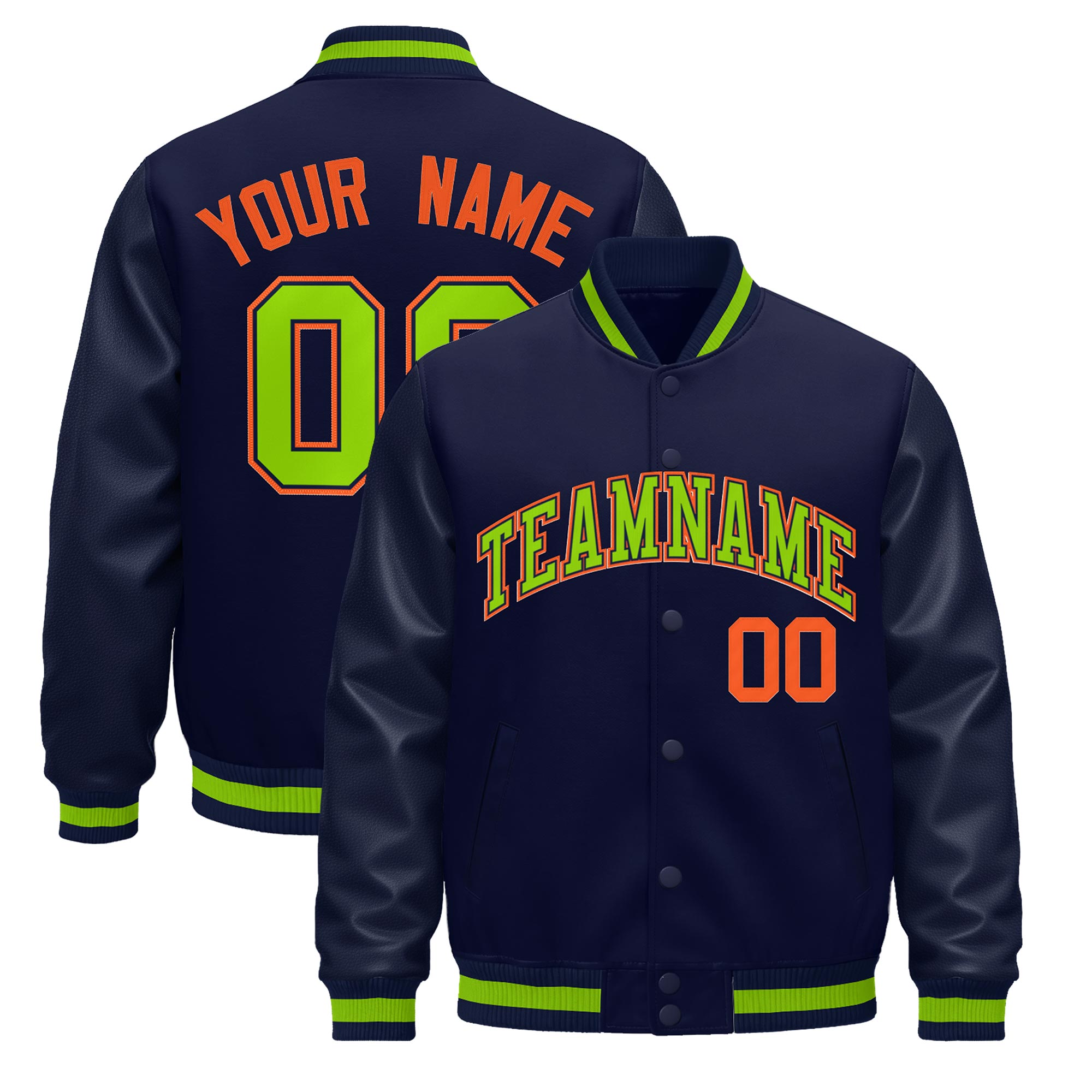 Custom Navy Orange Classic Style Leather Sleeves Wrinkle-Resistant Jacket| KXKSHOP