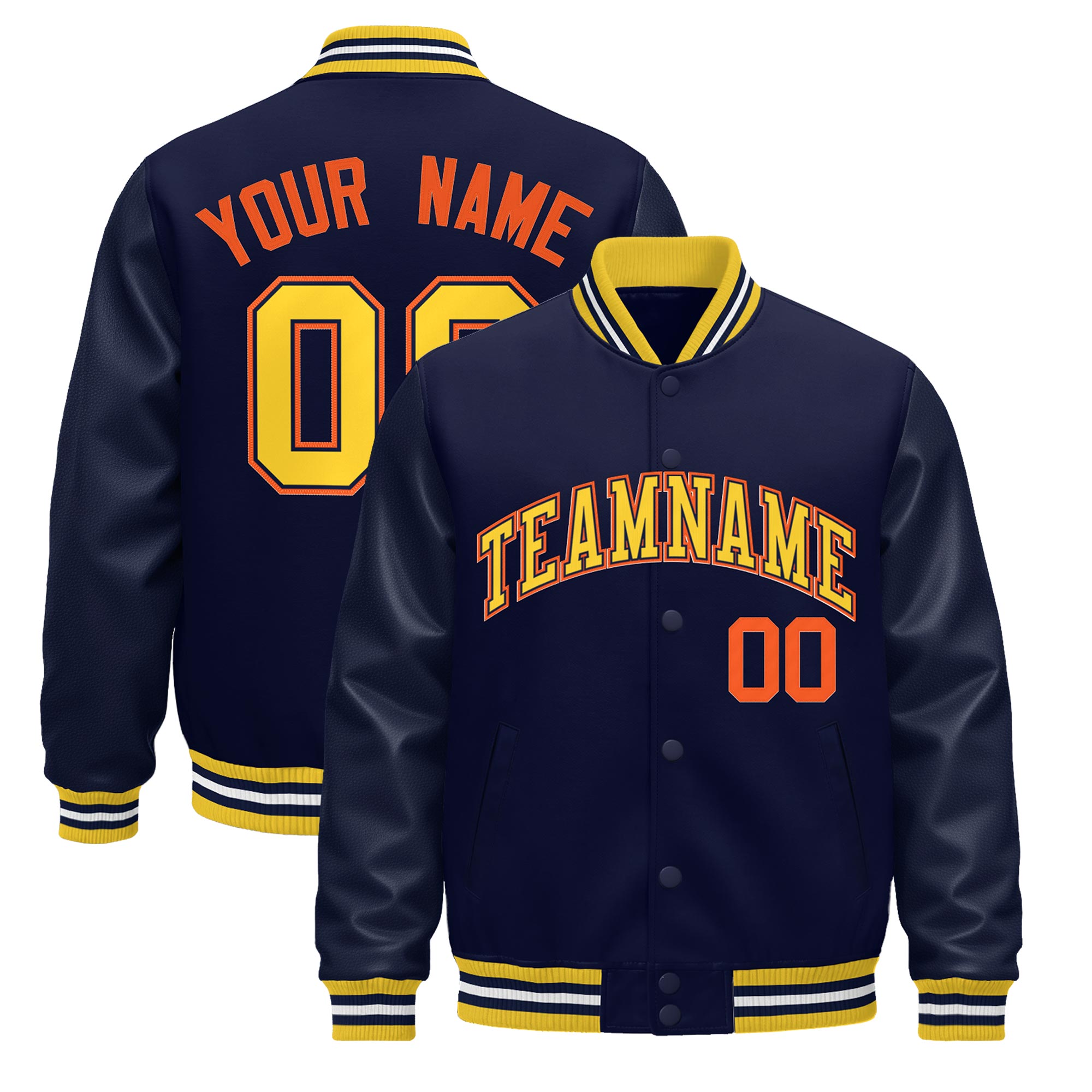 Custom Navy yellow Classic Style Leather Sleeves Wrinkle-Resistant Jacket| KXKSHOP