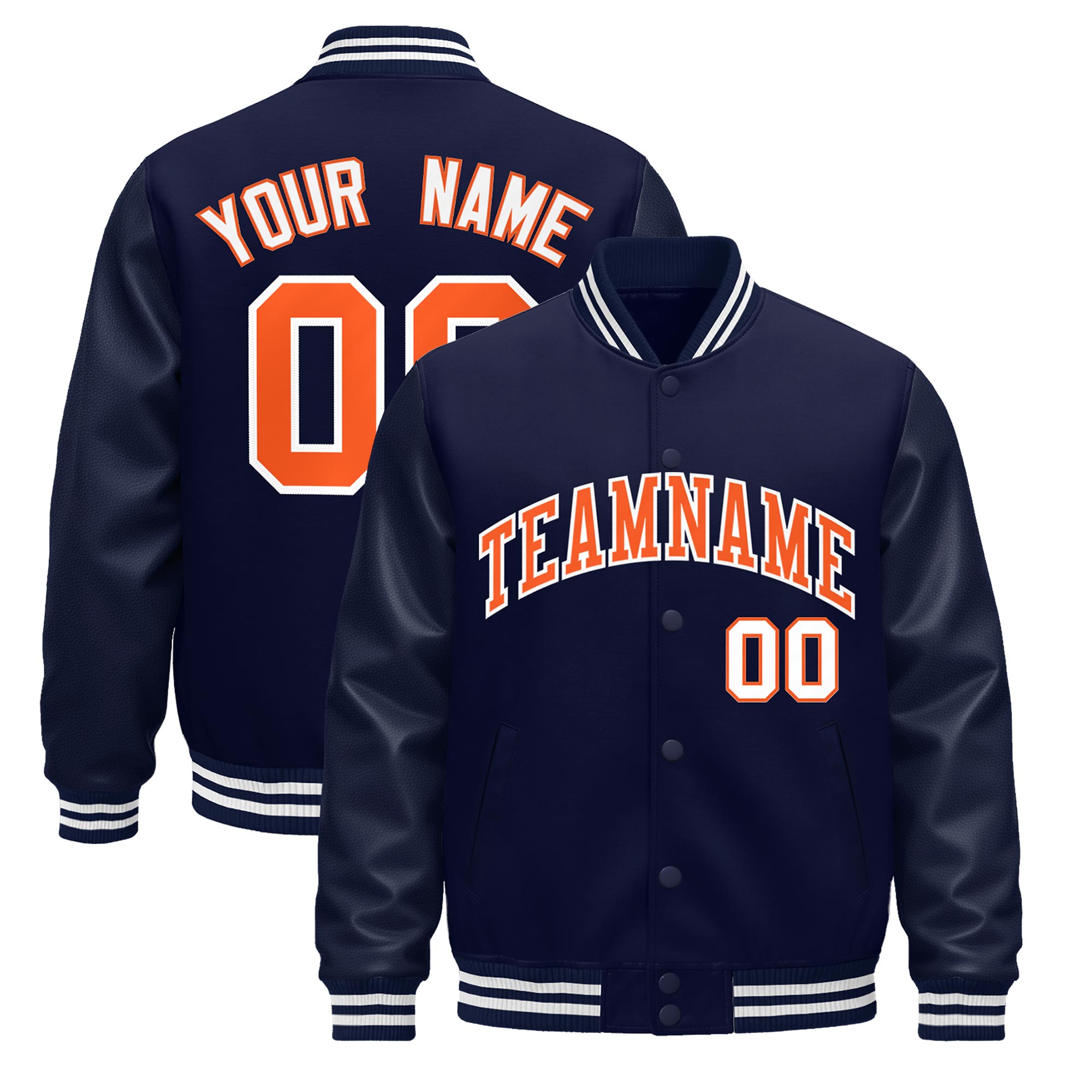 Custom Navy Orange Classic Style Leather Sleeves Wrinkle-Resistant Jacket| KXKSHOP